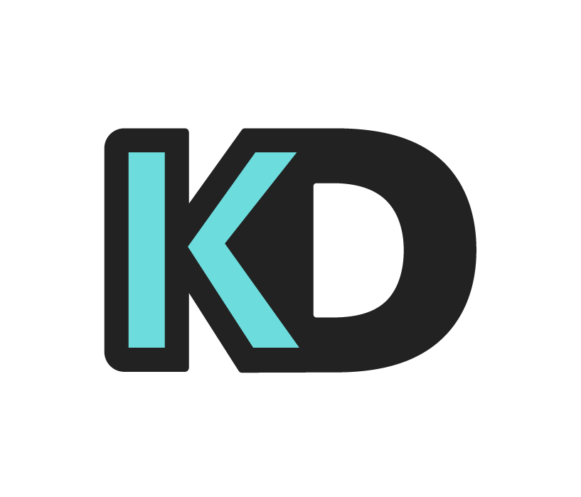 a logo of capital letters KD, the K has a black outline and aqua fill and the D has only a black fill